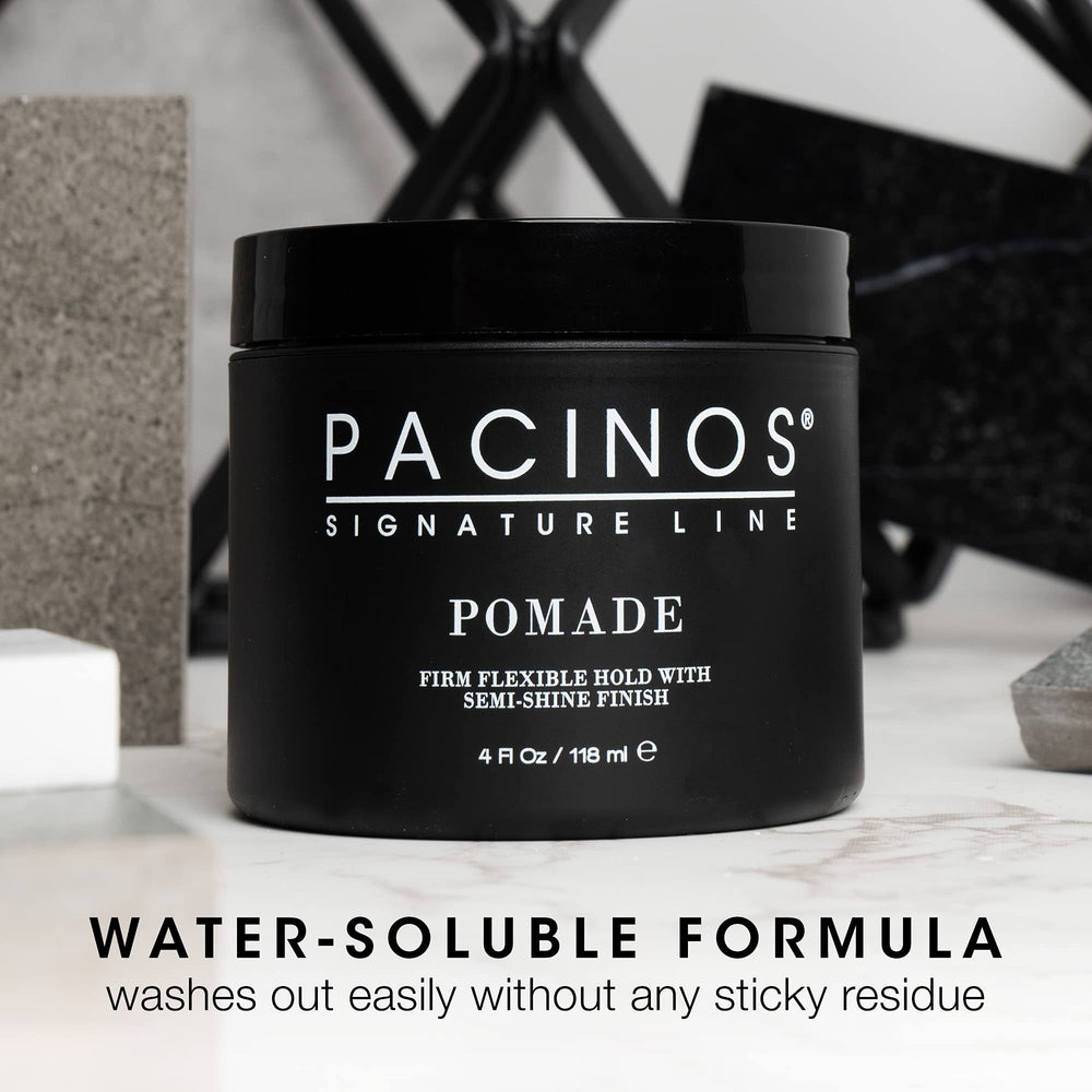 Pacinos Pomade hair damp dry application shows versatile use for different hair types.