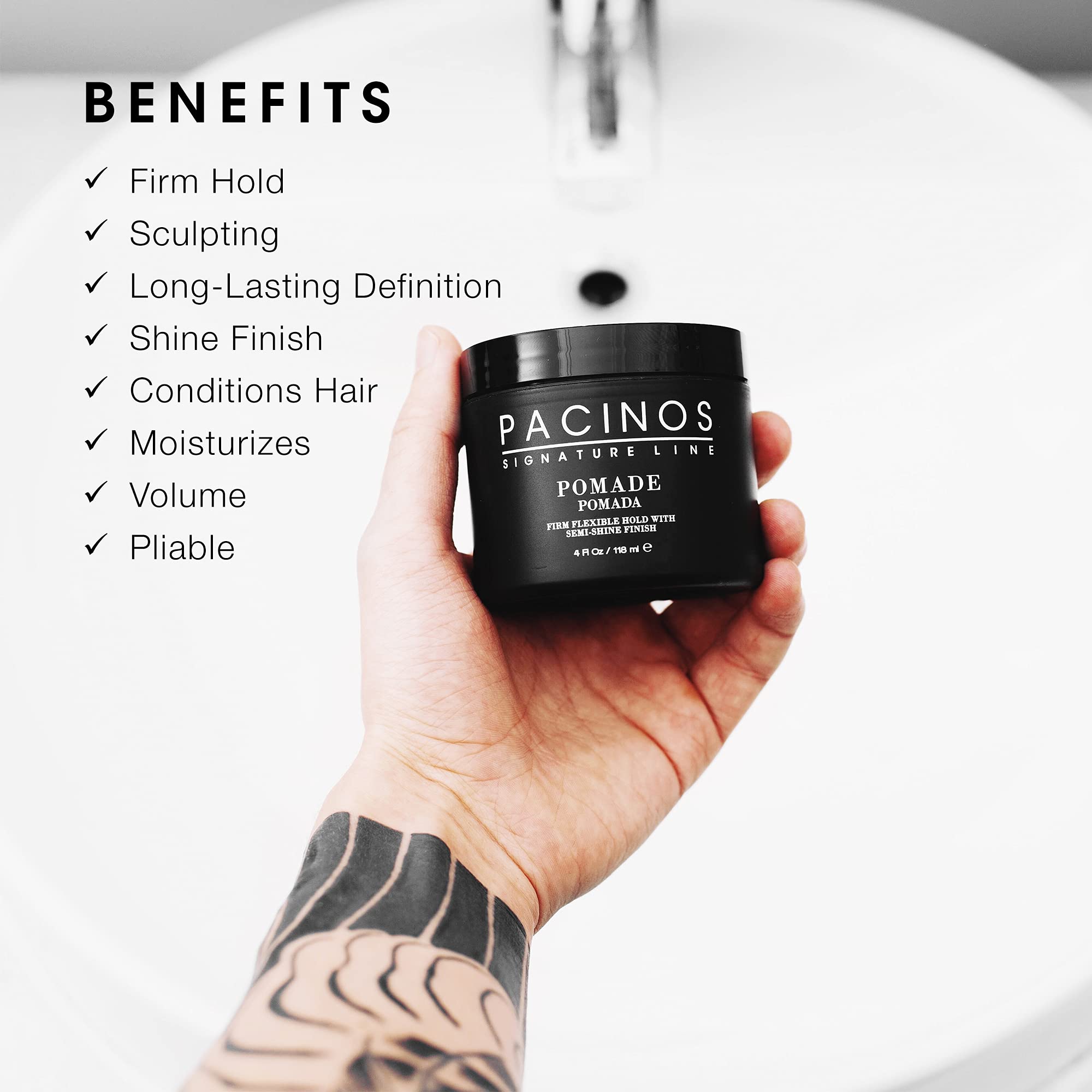 Pacinos Pomade tin jar open highlights easy wash-out formula with no sticky residue.