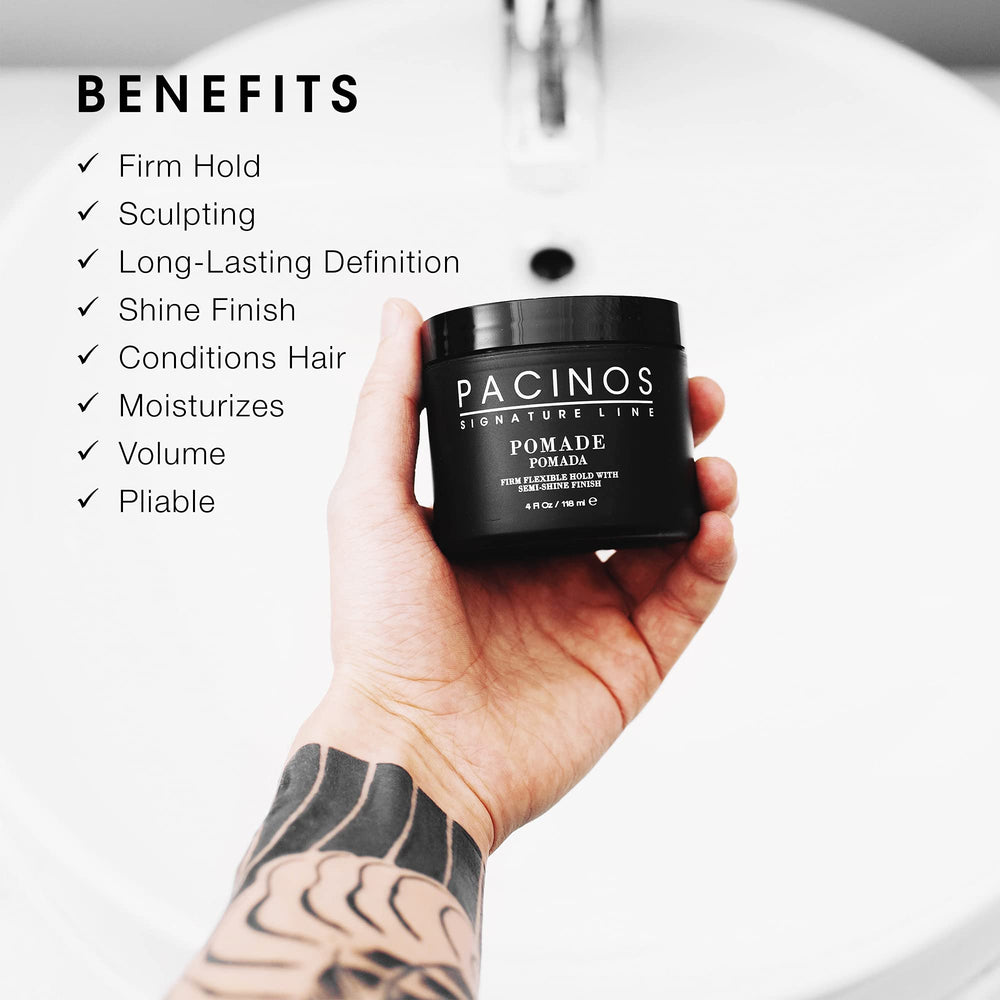 Pacinos Pomade tin jar open highlights easy wash-out formula with no sticky residue.