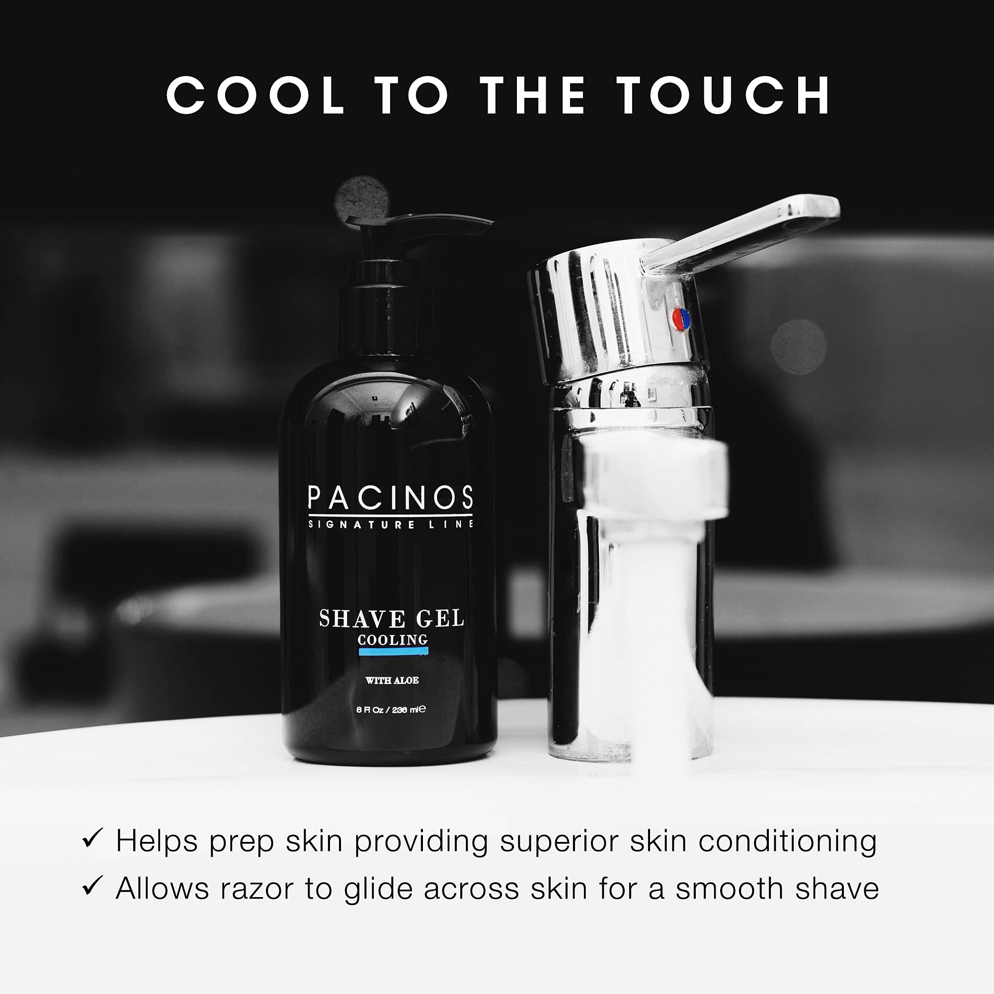 Pacinos Shave Gel with aloe vera slice highlights soothing hydration for skin.
