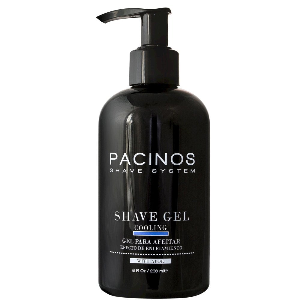 Pacinos Shave Gel bottle 8oz demonstrates cooling, moisturizing gel for a smooth shave.
