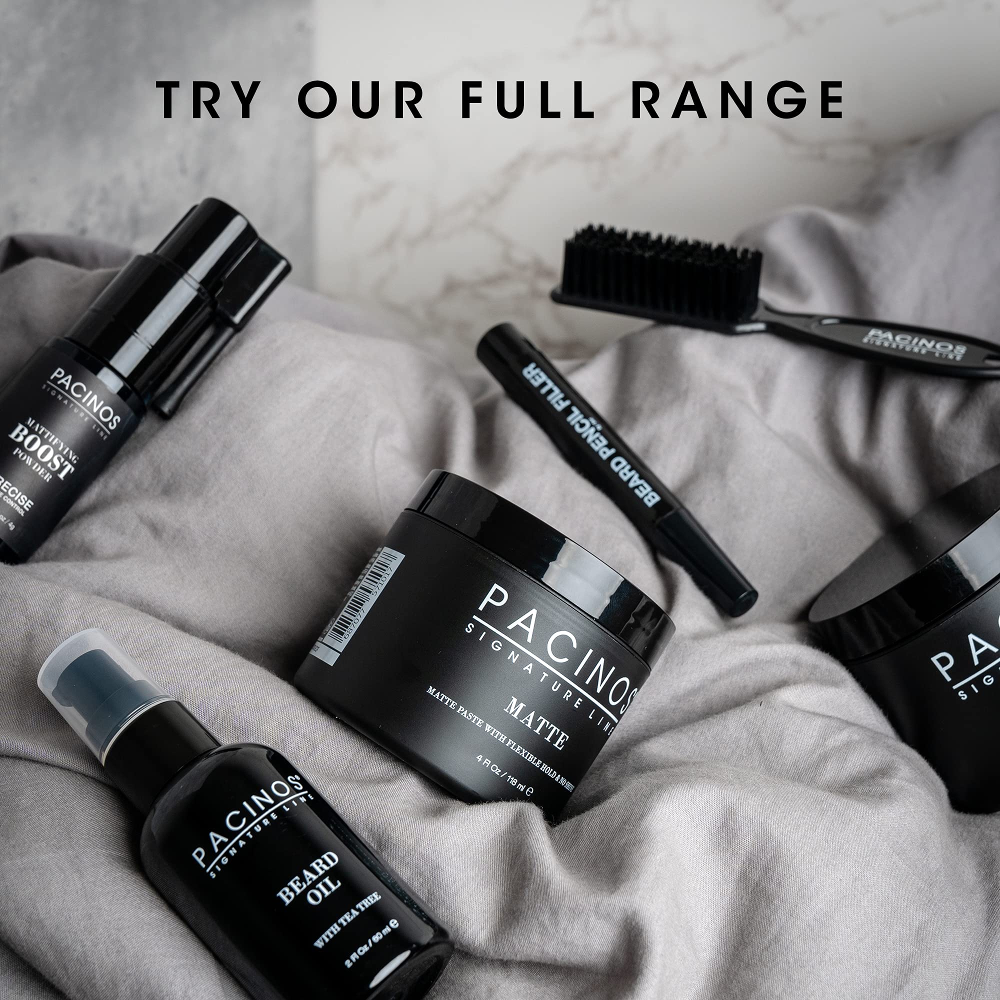 Pacinos Shave Gel dye-free clear formula shown for easy line work.