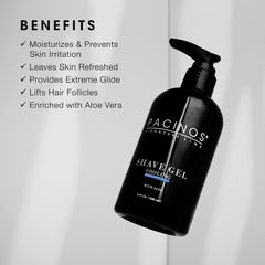 Pacinos Shave Gel on hand shows clear formula for precise beard detailing.