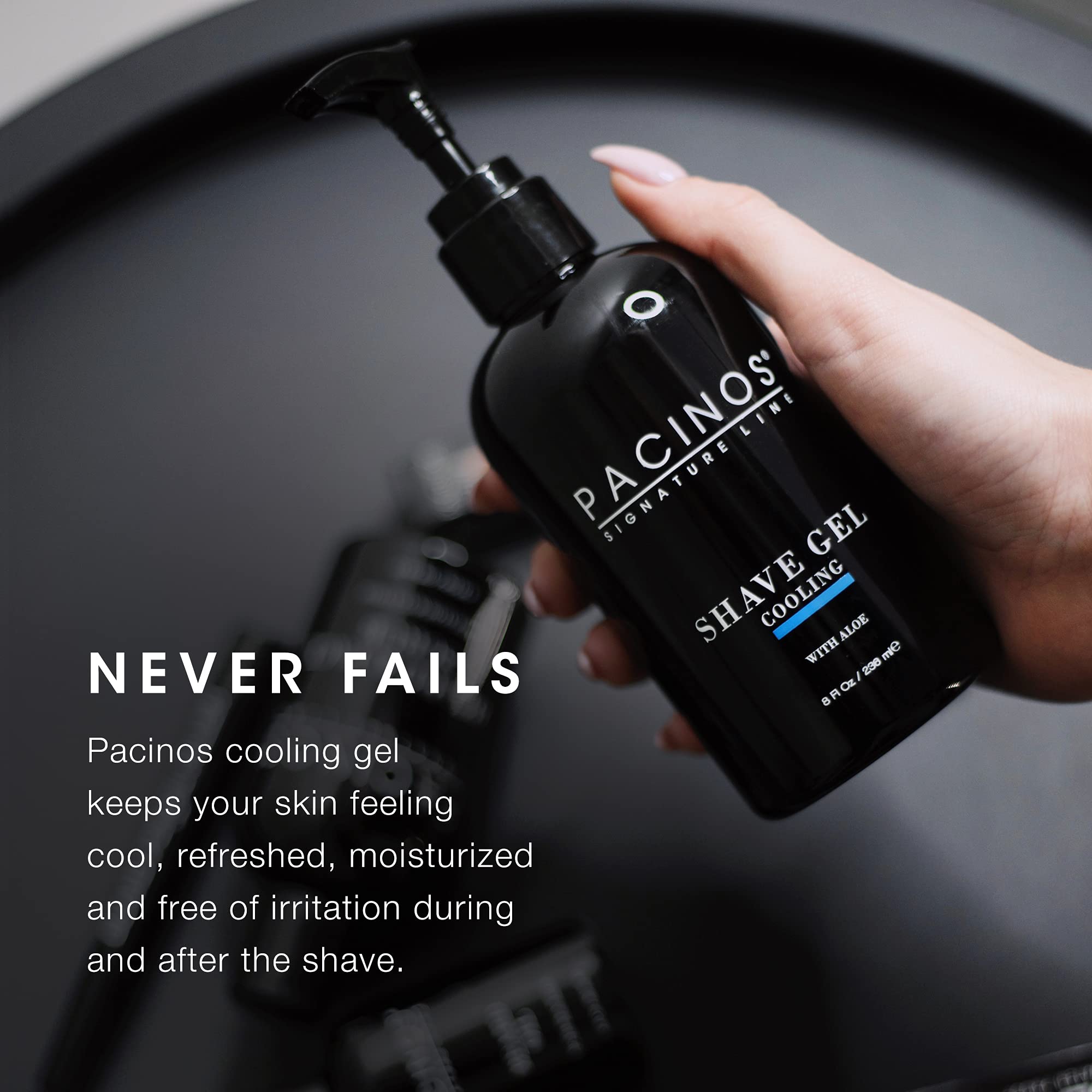 Pacinos Shave Gel close-up with razor glide illustrates lifting hairs for smooth shave.