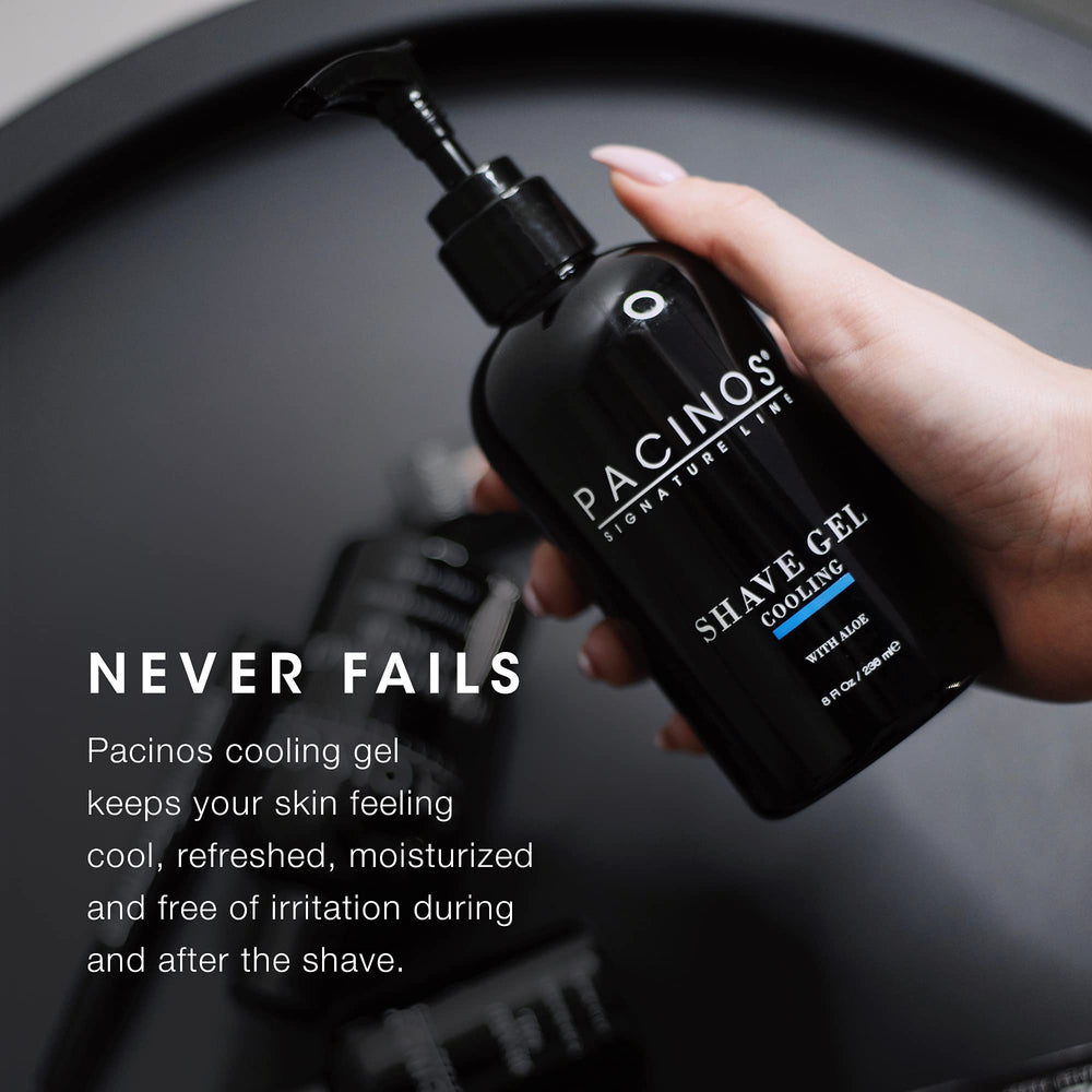 Pacinos Shave Gel close-up with razor glide illustrates lifting hairs for smooth shave.