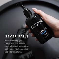 Pacinos Shave Gel close-up with razor glide illustrates lifting hairs for smooth shave.