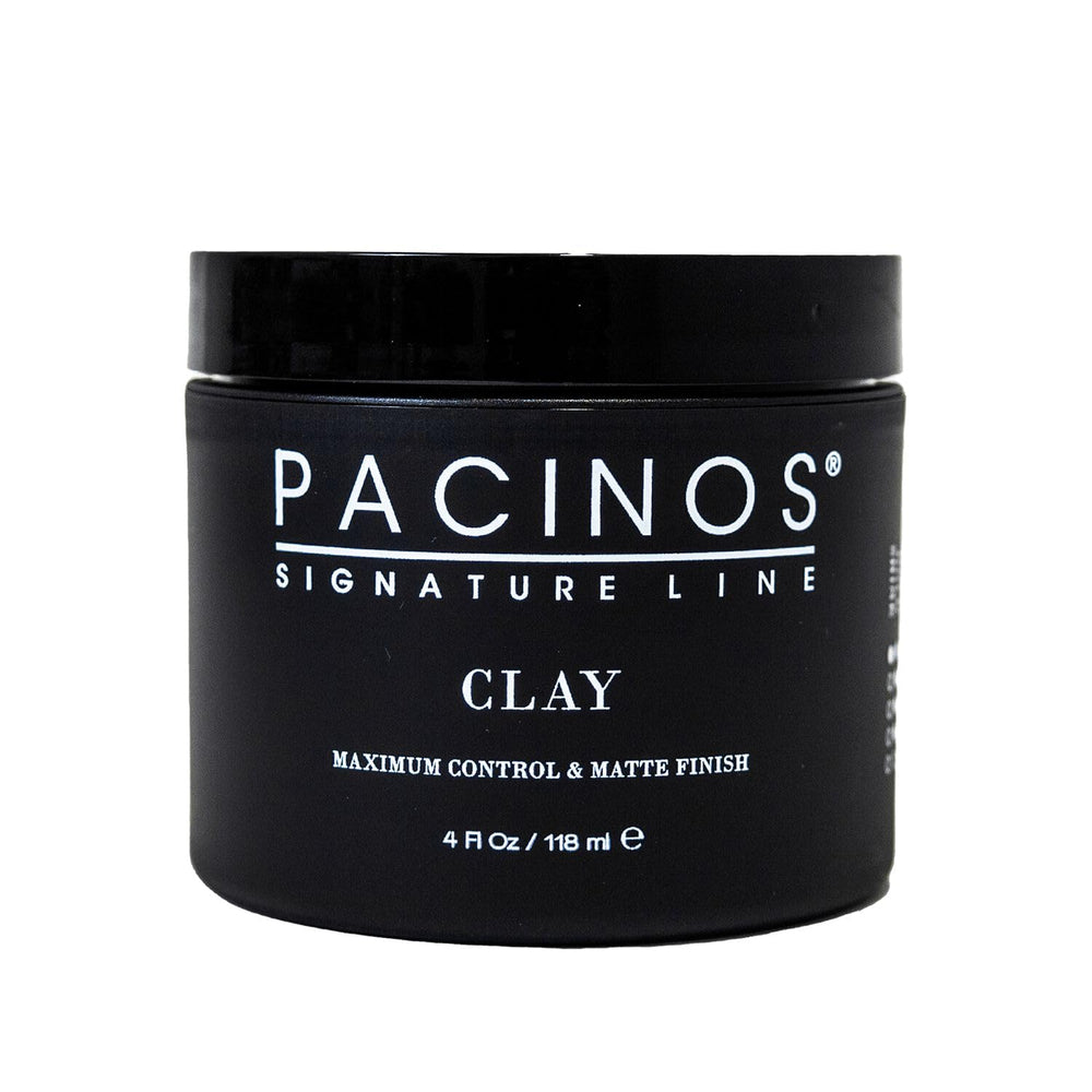 Pacinos Signature Line clay hair paste bottle demonstrates firm hold for versatile styling.