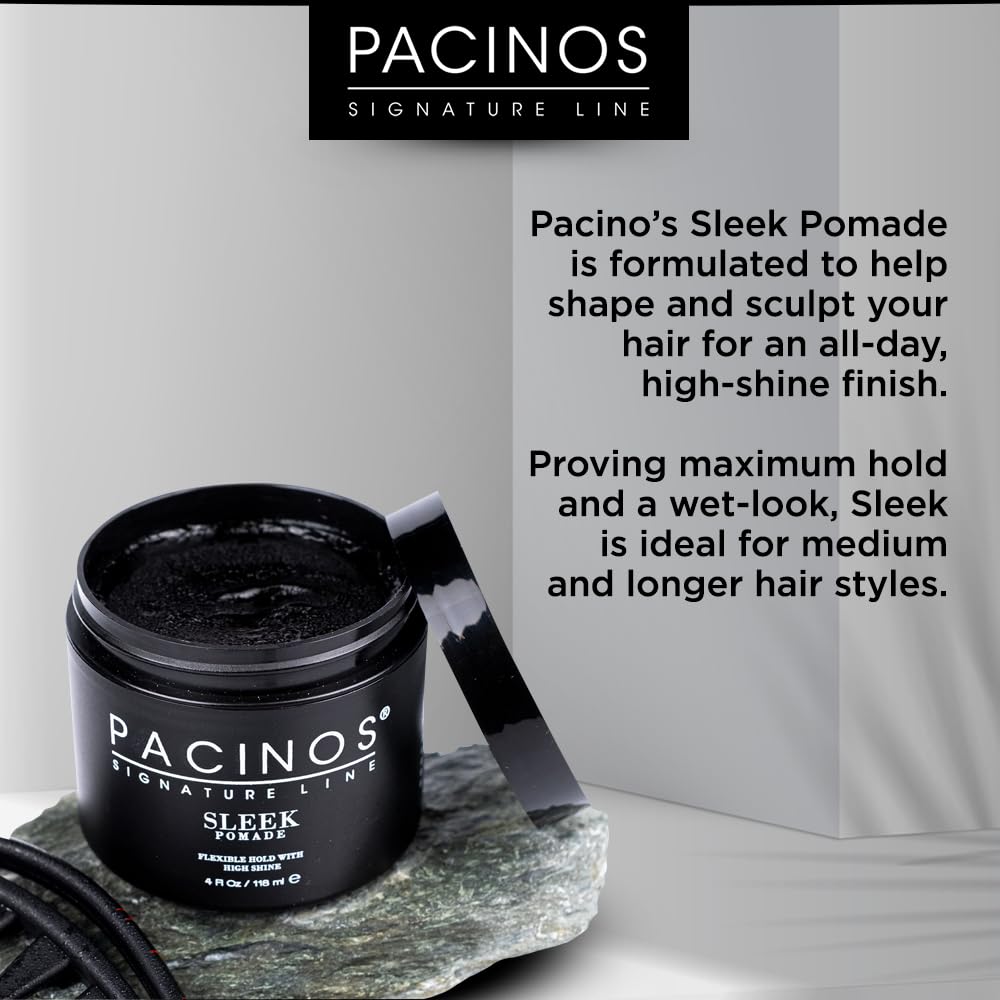 Pacinos SLEEK hands applying pomade for flexible, all-day wet look