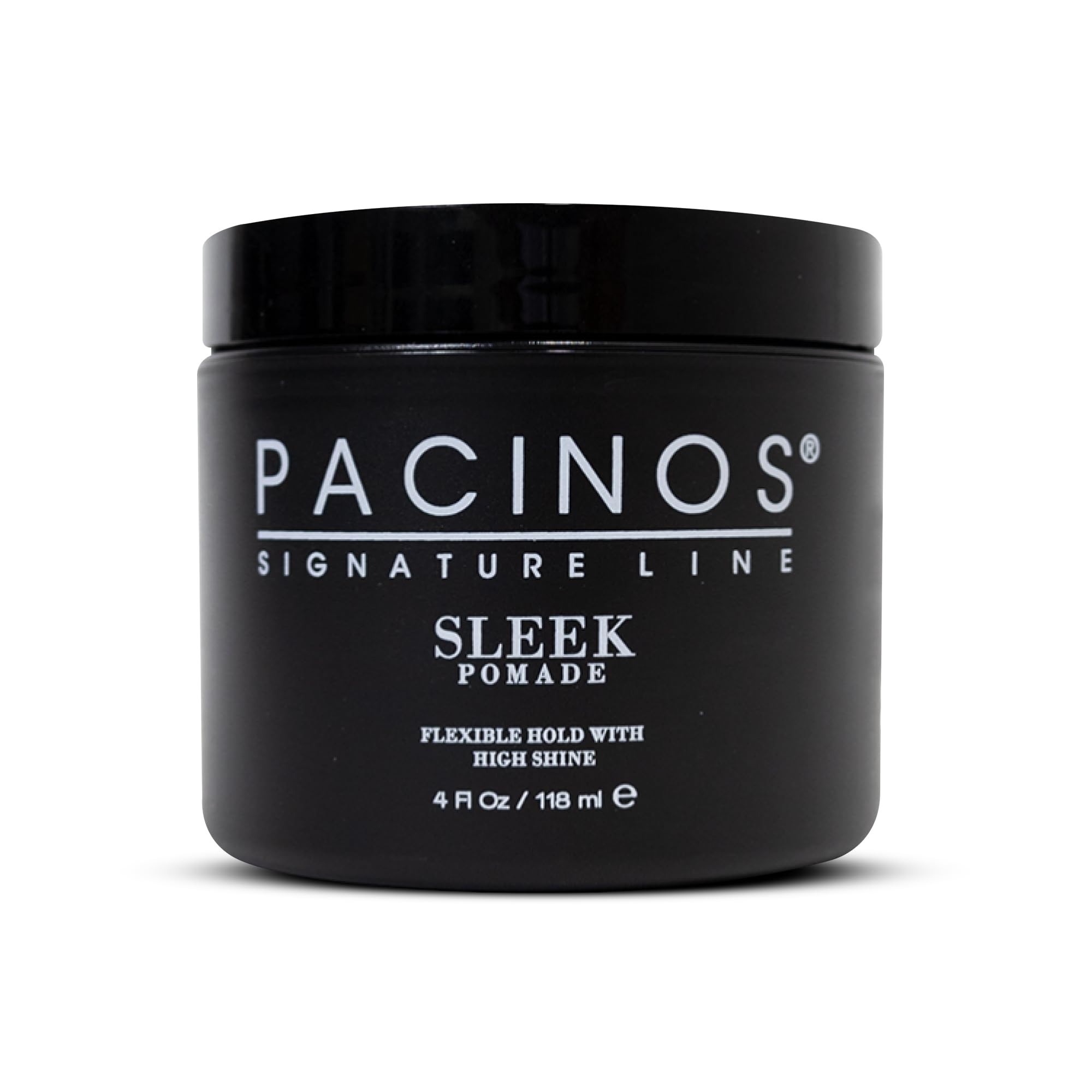Pacinos SLEEK pomade jar close-up highlighting high shine and long-lasting hold for sleek styles