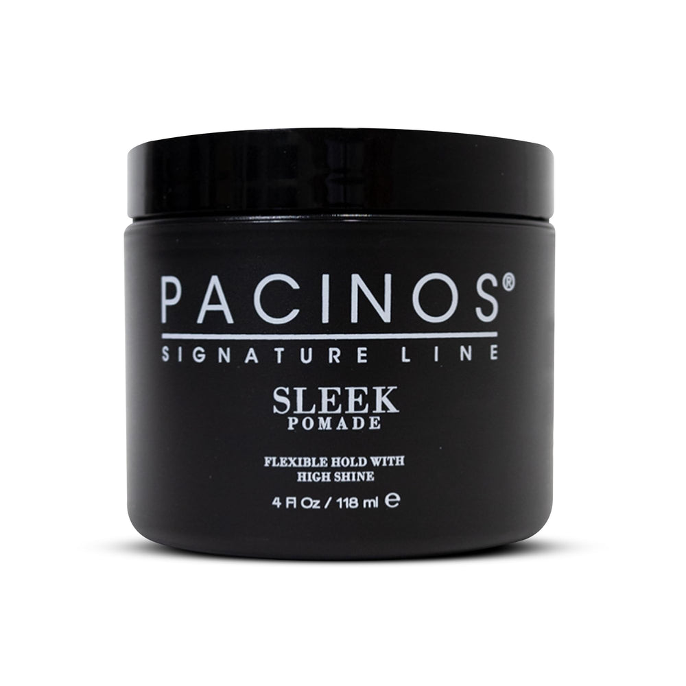 Pacinos SLEEK pomade jar close-up highlighting high shine and long-lasting hold for sleek styles