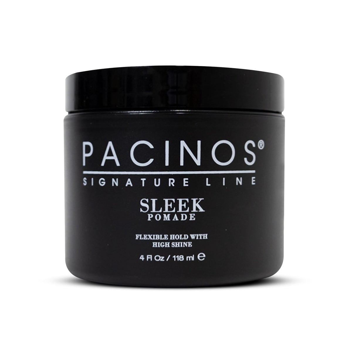Pacinos SLEEK pomade jar close-up highlighting high shine and long-lasting hold for sleek styles