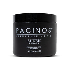 Pacinos SLEEK pomade jar close-up highlighting high shine and long-lasting hold for sleek styles