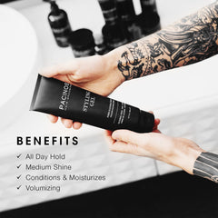 Pacinos Styling Gel application shows root-to-tip control for a defined hold.