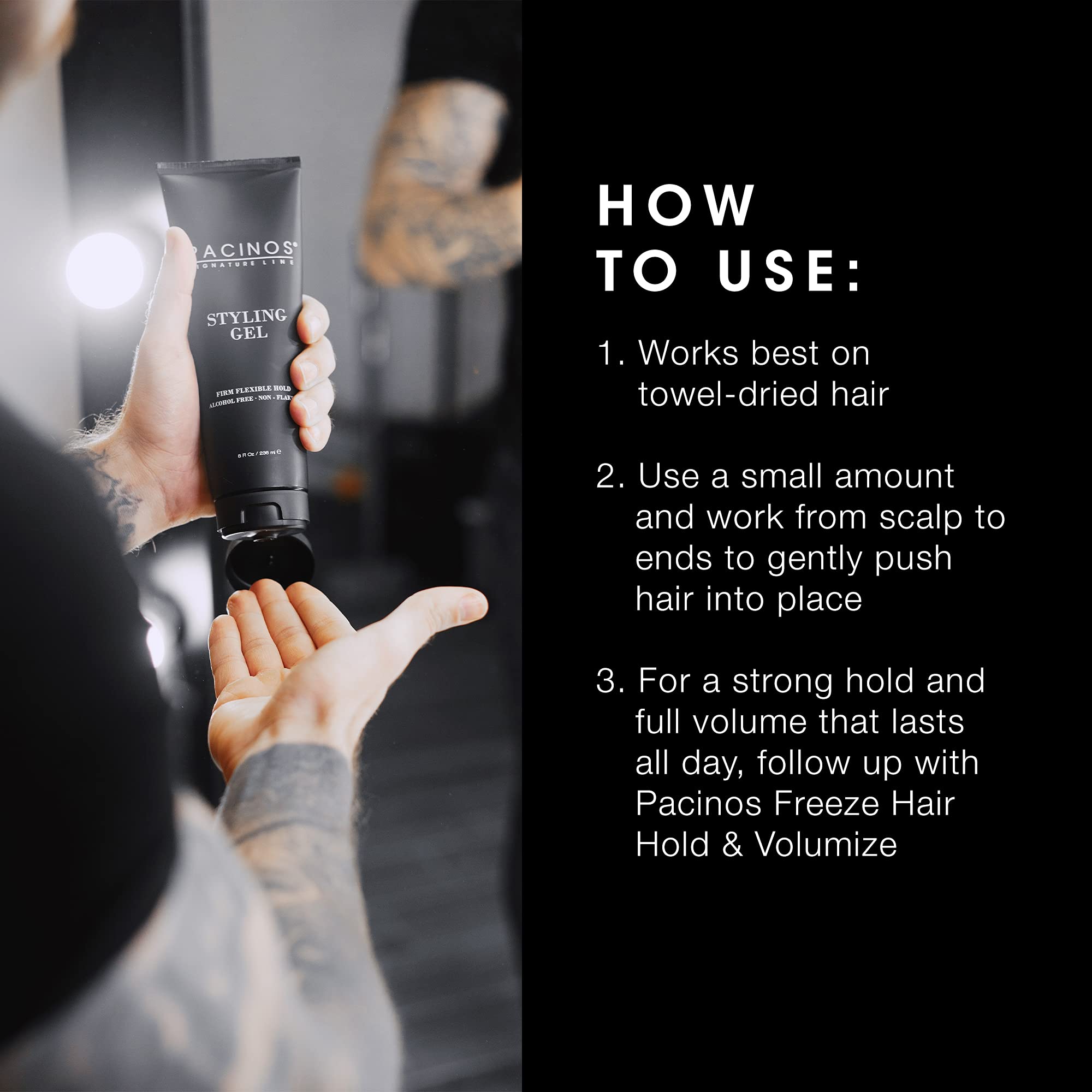 Pacinos Styling Gel medium-shine finish adds controlled gloss without heaviness.