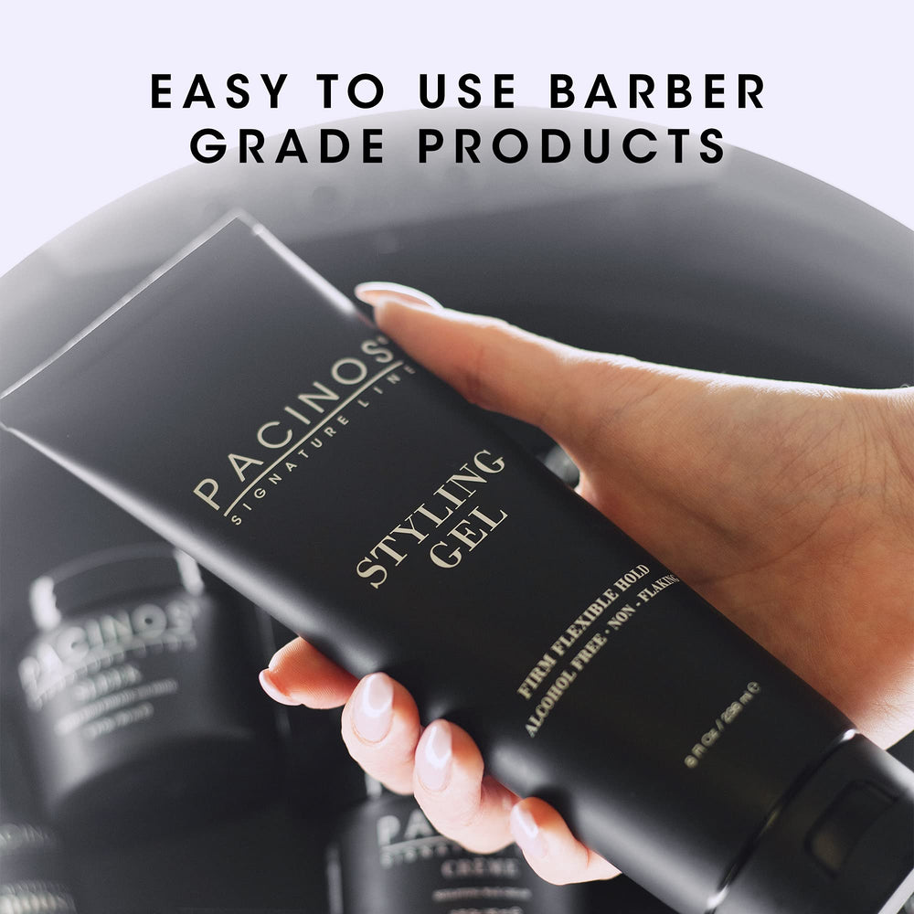Pacinos Styling Gel no flakes ensures a clean look with minimal residue.