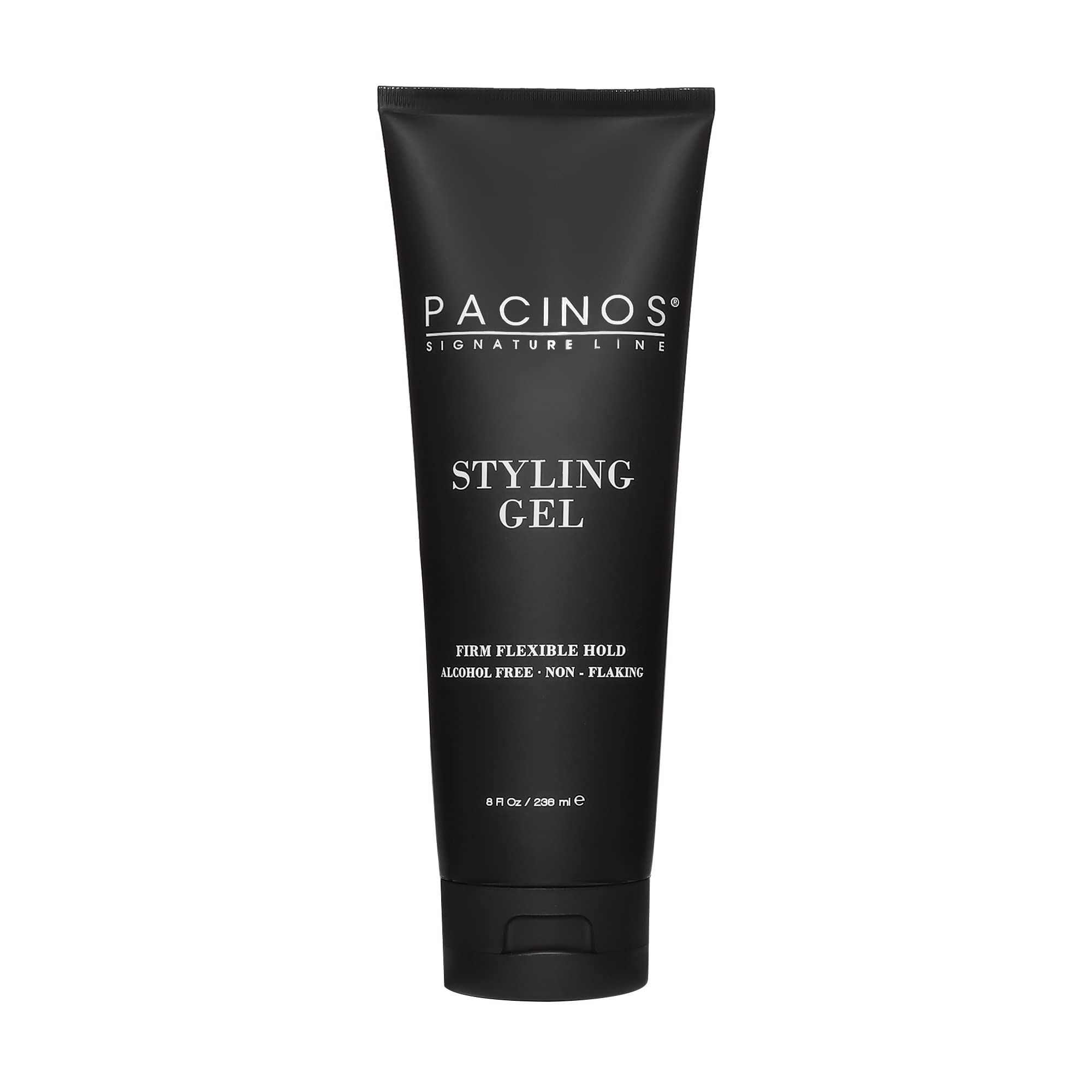 Pacinos Styling Gel packaging showcases a sleek jar for long-lasting styling and easy dispensing.