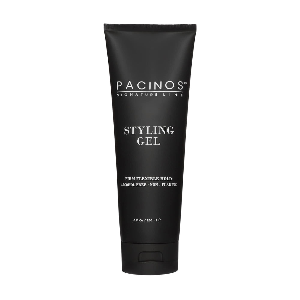 Pacinos Styling Gel packaging showcases a sleek jar for long-lasting styling and easy dispensing.
