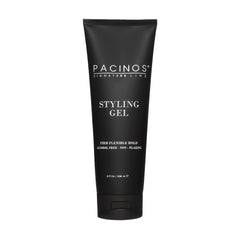 Pacinos Styling Gel packaging showcases a sleek jar for long-lasting styling and easy dispensing.