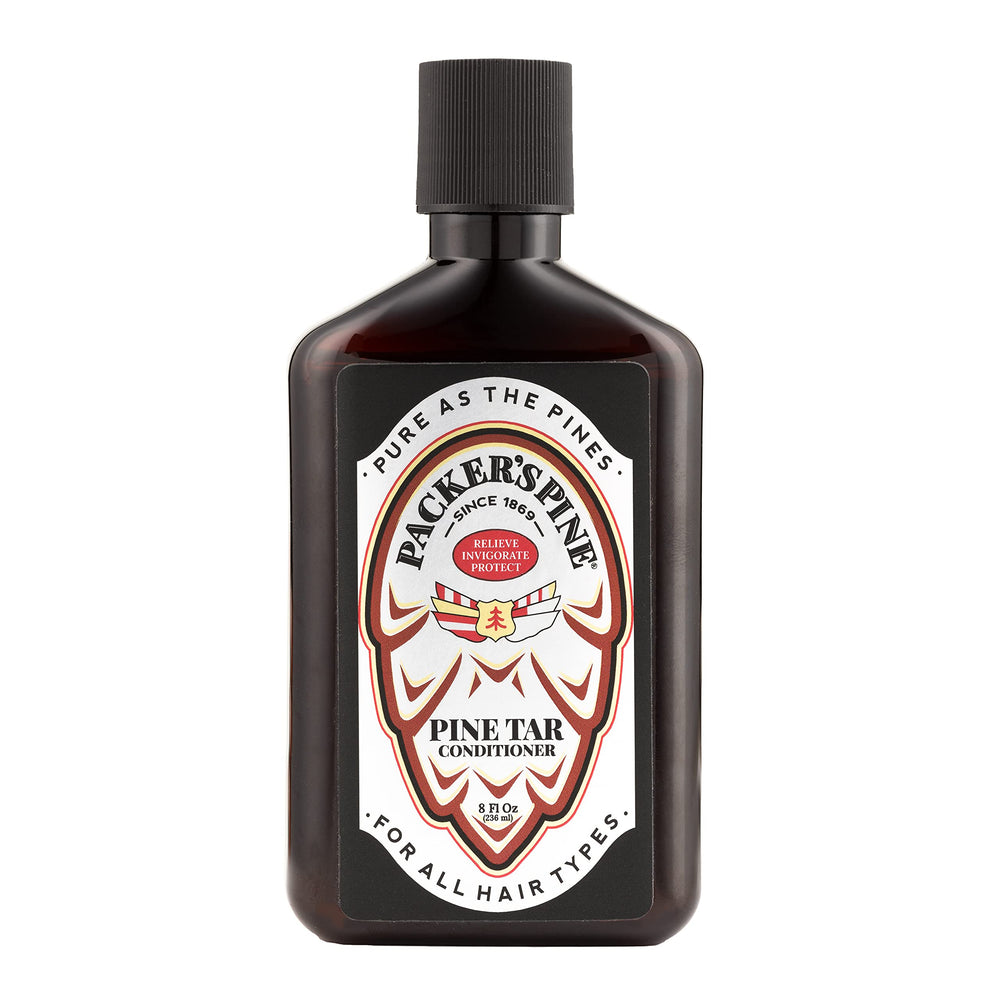 Packer's Pine Tar Conditioner bottle ready for rugged grooming and moisture.