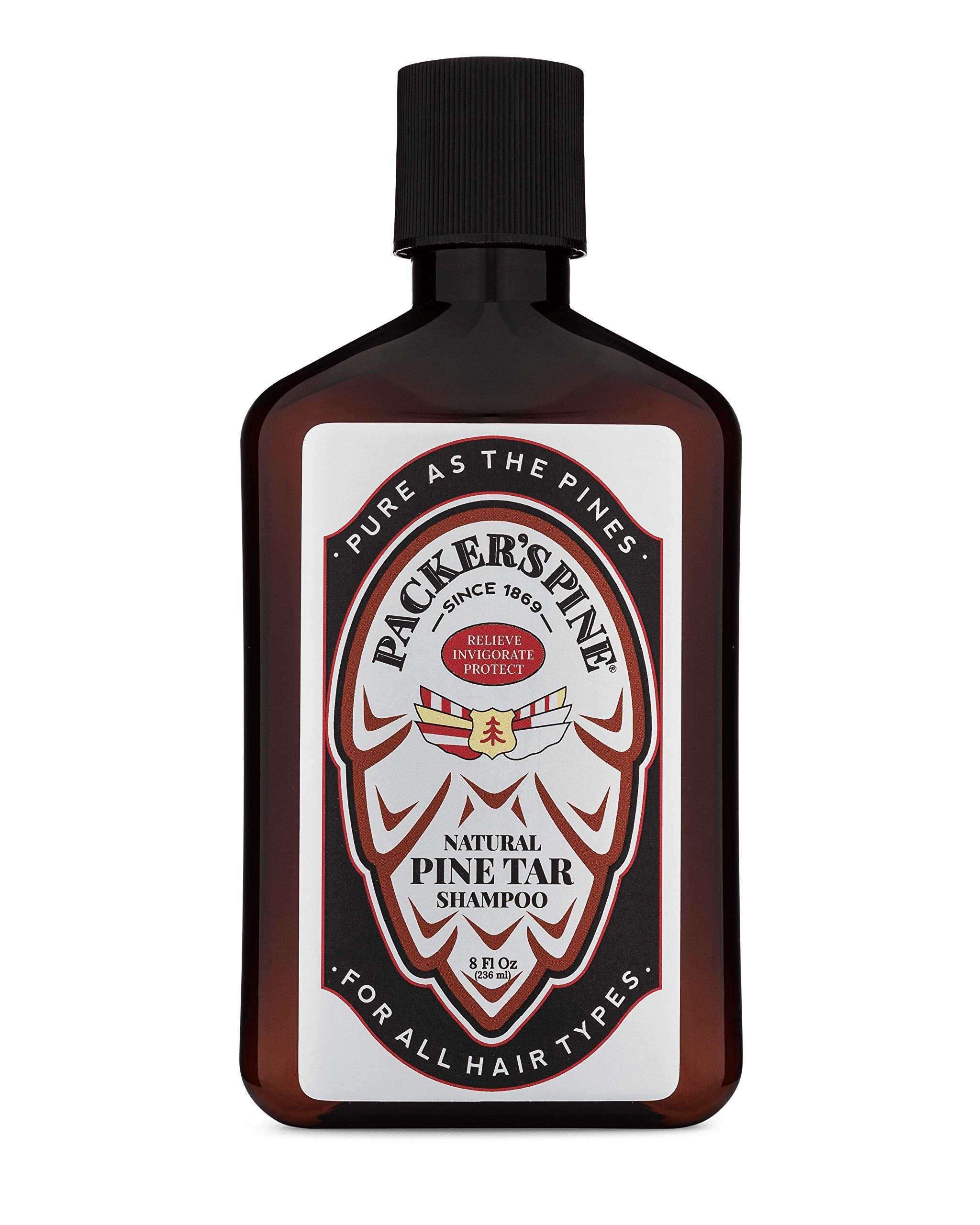 Packer's Pine Tar Shampoo bottle front with rugged branding for a deep-clean scalp refresh.