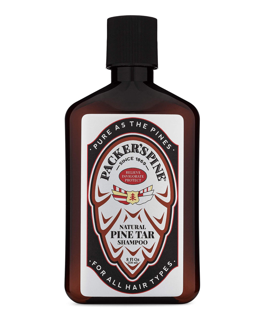 Packer's Pine Tar Shampoo bottle front with rugged branding for a deep-clean scalp refresh.