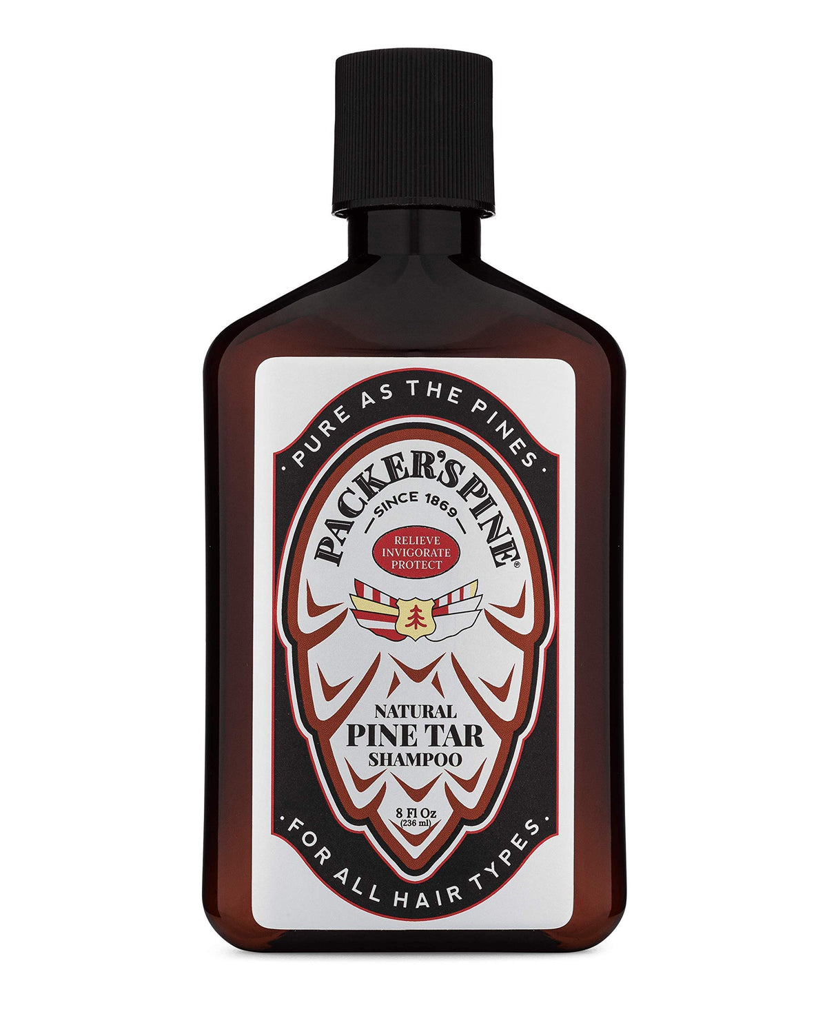 Packer's Pine Tar Shampoo bottle front with rugged branding for a deep-clean scalp refresh.