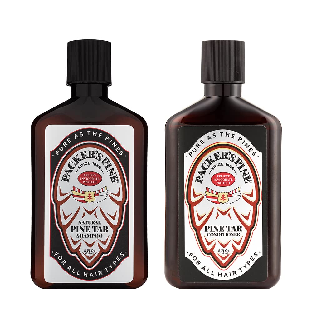 Packer's Pine Tar Shampoo bottle in forest light for refreshed, clean hair.