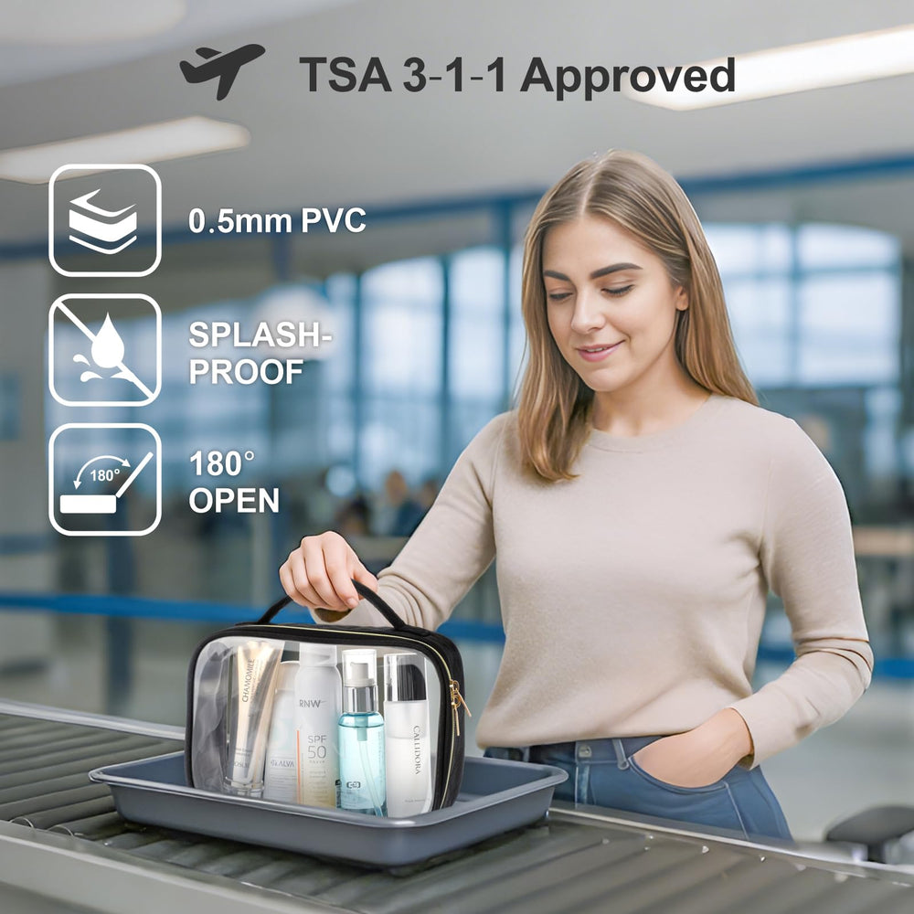 PACKISM clear makeup bag medium with bottles demonstrates TSA-friendly size.