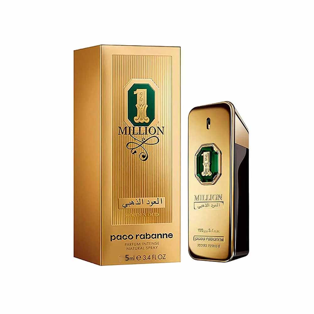 Paco Rabanne 1 Million Golden Oud miniature bottle for travel—long-lasting fragrance on the go.