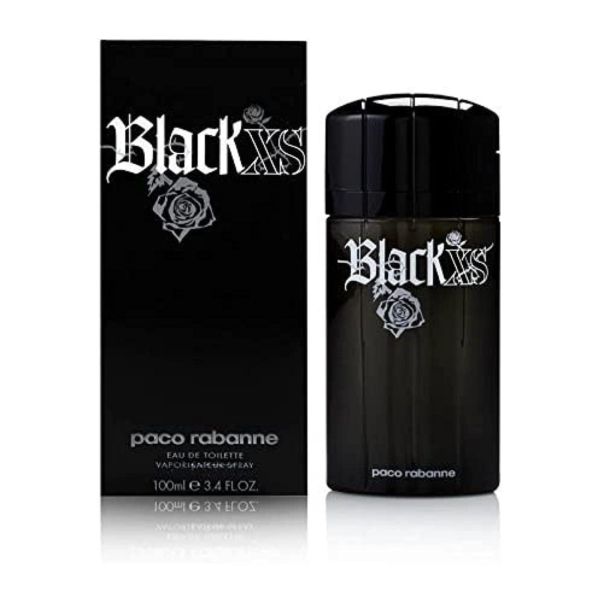 Paco Rabanne Black XS tall bottle front view, bold masculine fragrance for daring nights.