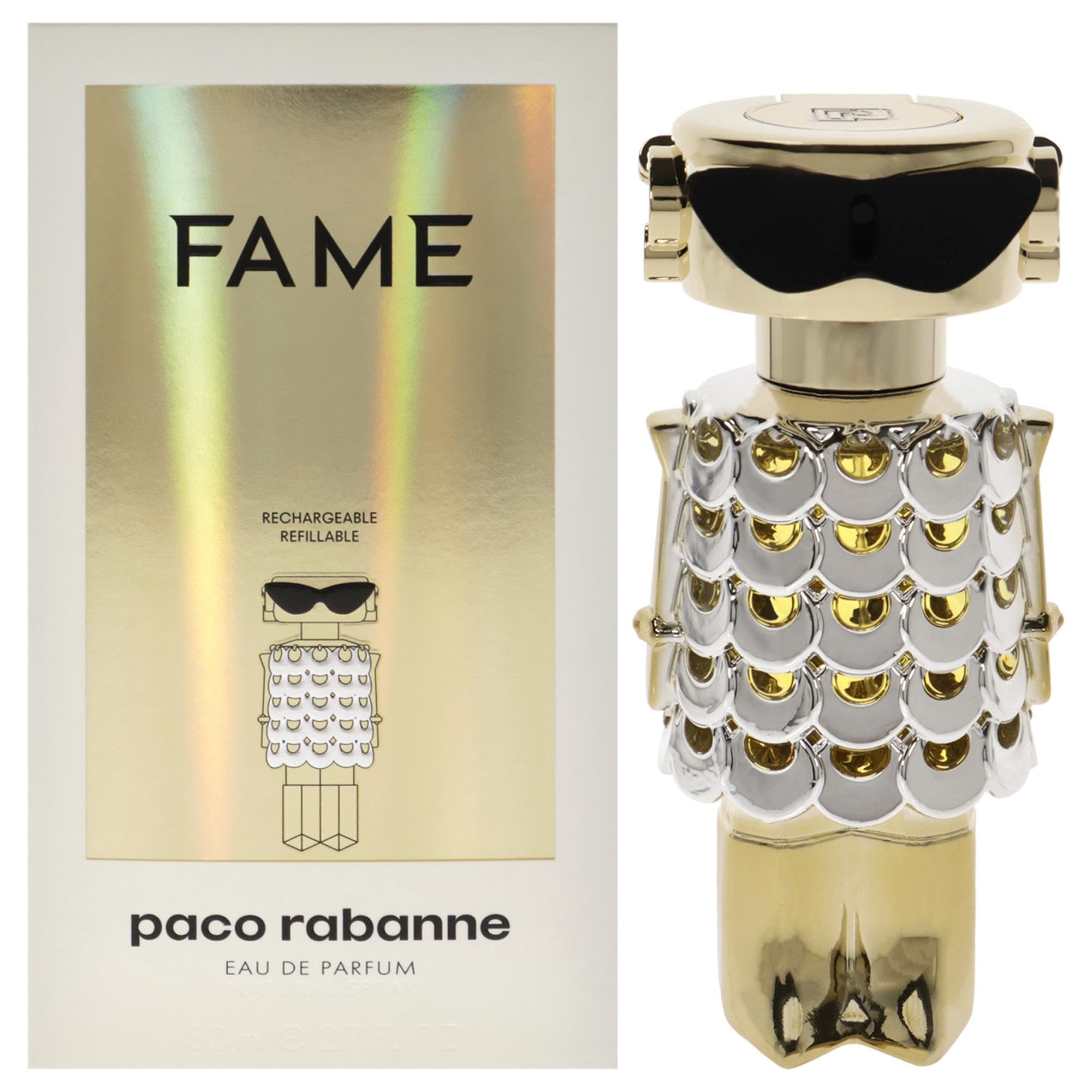 Paco Rabanne Fame EDP bottle front highlights a bright floral-woody scent for evening wear.