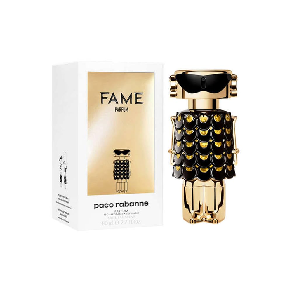 Paco Rabanne Fame Parfum bottle on a vanity for evening allure ritual.