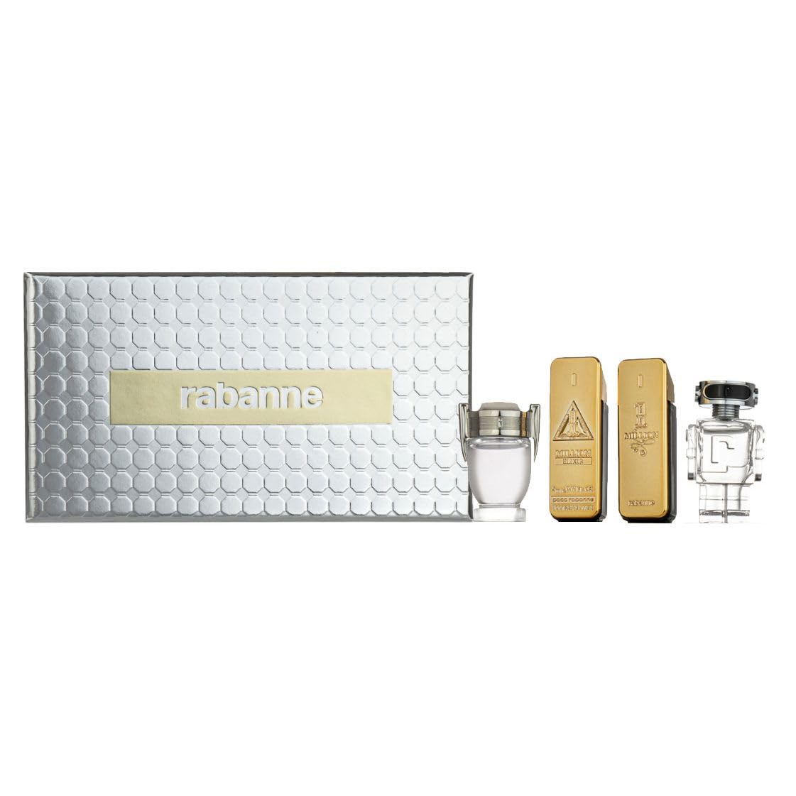 Paco Rabanne men's cologne gift set box with four travel-size bottles for travel convenience.
