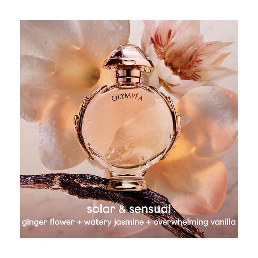 Paco Rabanne Olympéa bottle close-up shows gold accents for sophisticated evening wear.