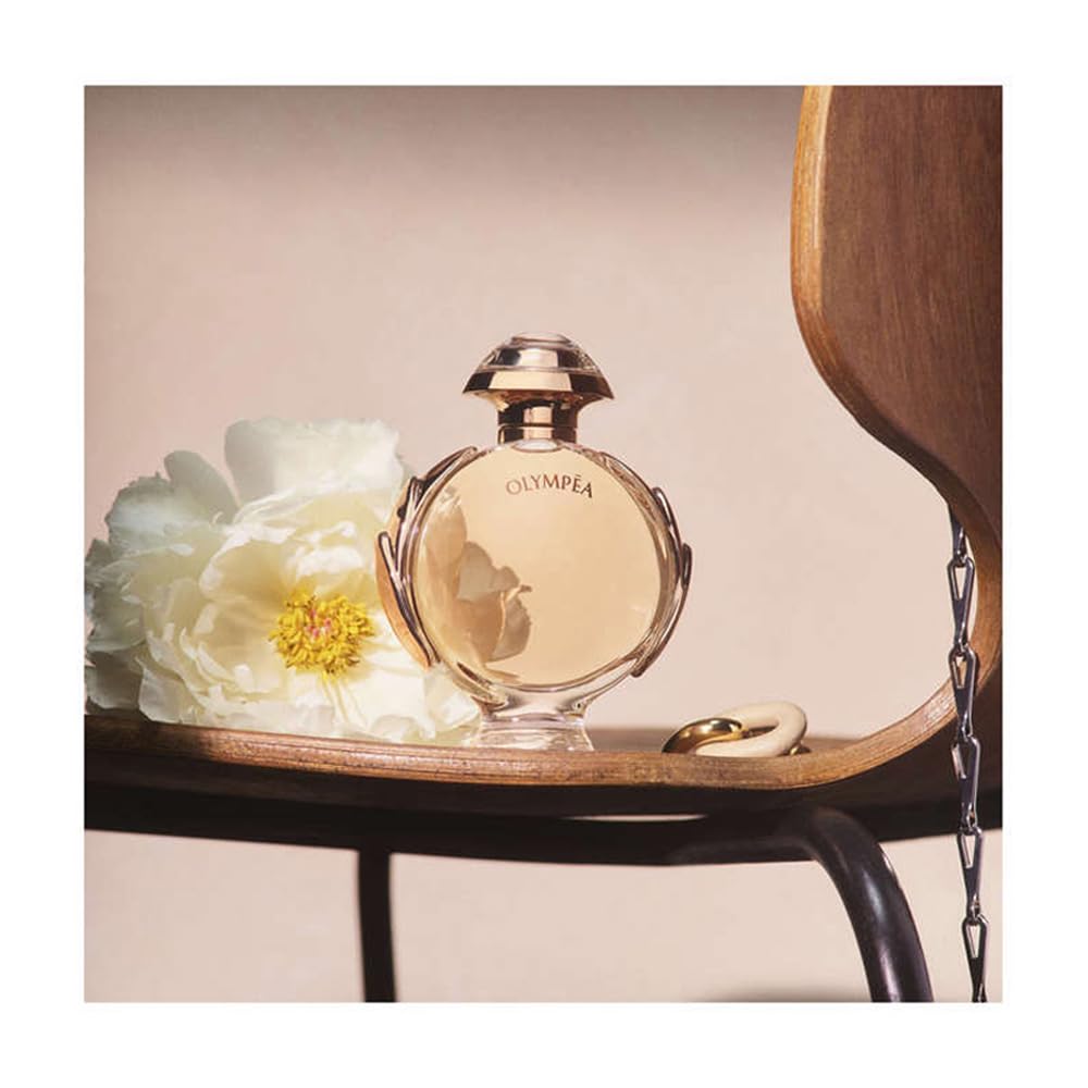 Paco Rabanne Olympéa full bottle angled shot communicates confident, modern scent for versatile wear.