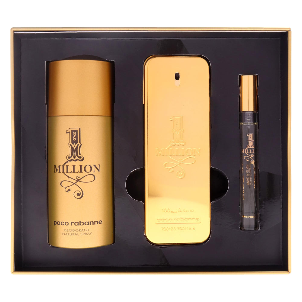 Paco Rabanne One Million bottle closeup with gold cap emphasizes luxe design.