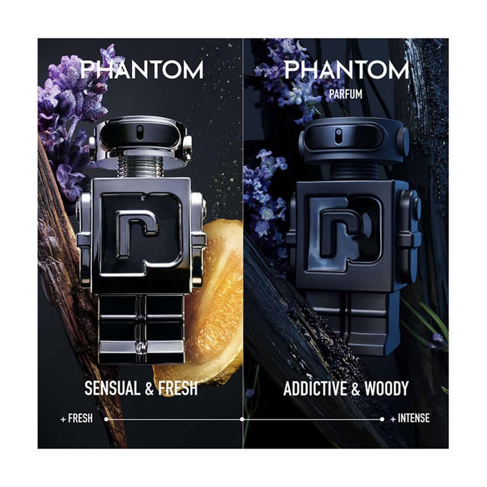 Paco Rabanne Phantom bottle side shot reveals elegant silhouette for daily wear.