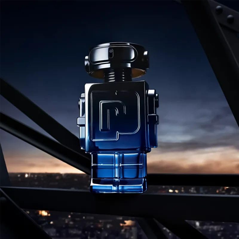 Paco Rabanne Phantom Intense bottle top view emphasizes bold design and lasting aroma.