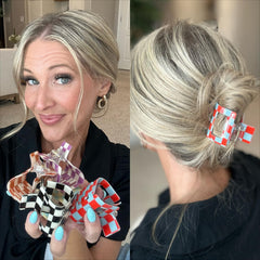 Paderison checkered rectangle Y2K clip black-white grips hair firmly during work