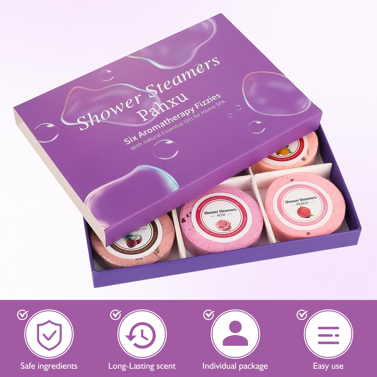 Pahxu Shower Steamer lavender tablet ready to release calming scent during showers.
