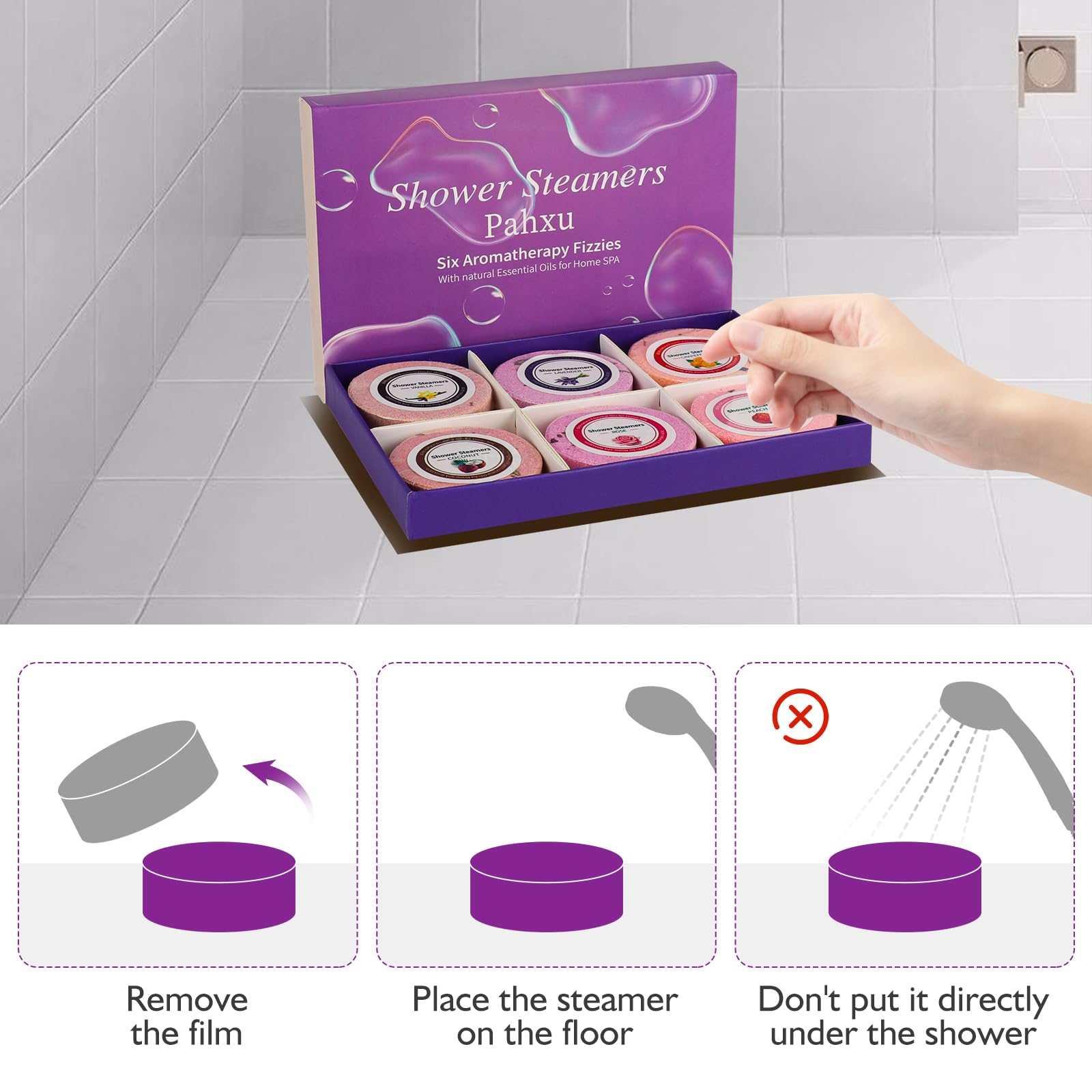 Pahxu Shower Steamer rose tablet delivering floral mood and spa-like ambiance.