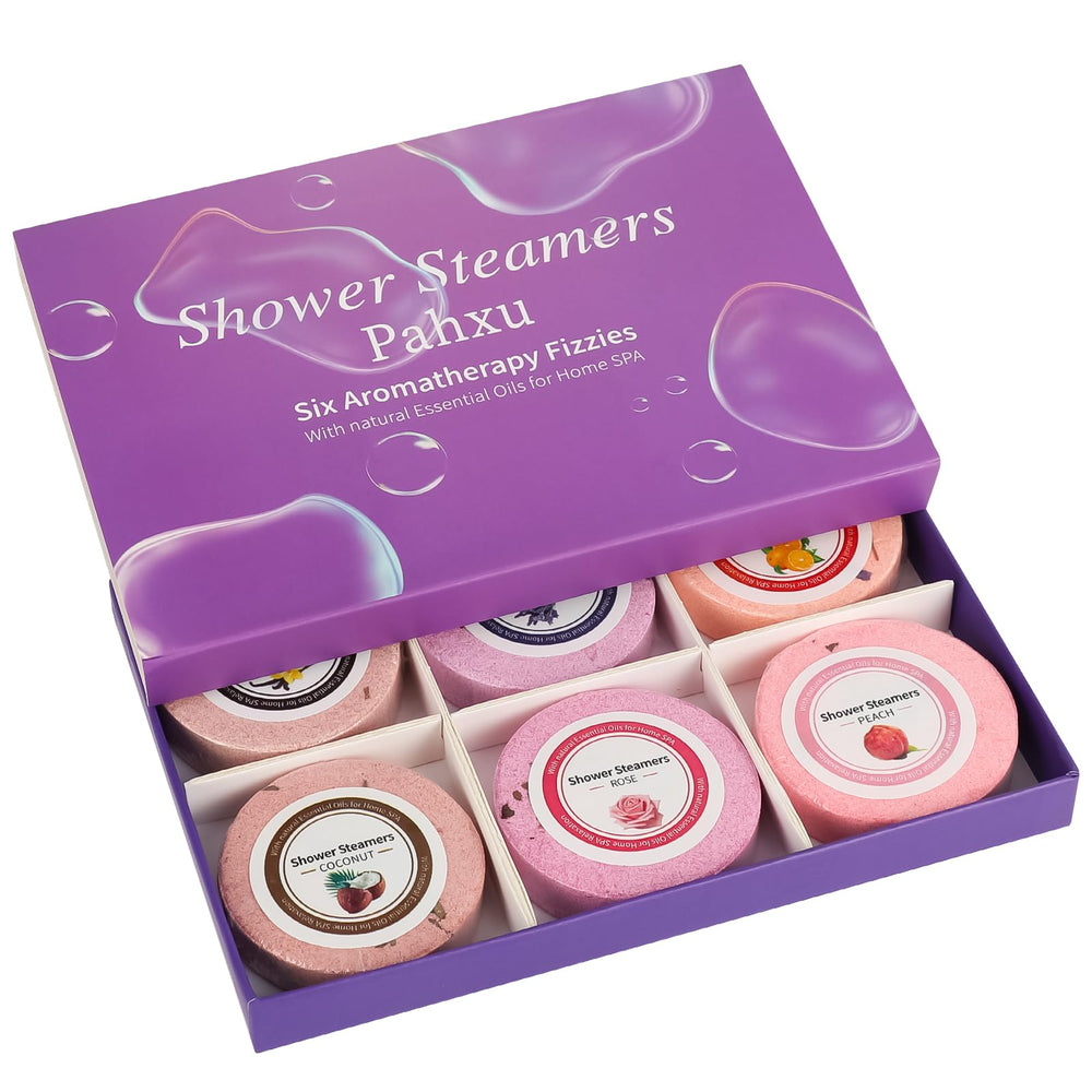 Pahxu Shower Steamer six-pack box with six fragrances for daily pampering.