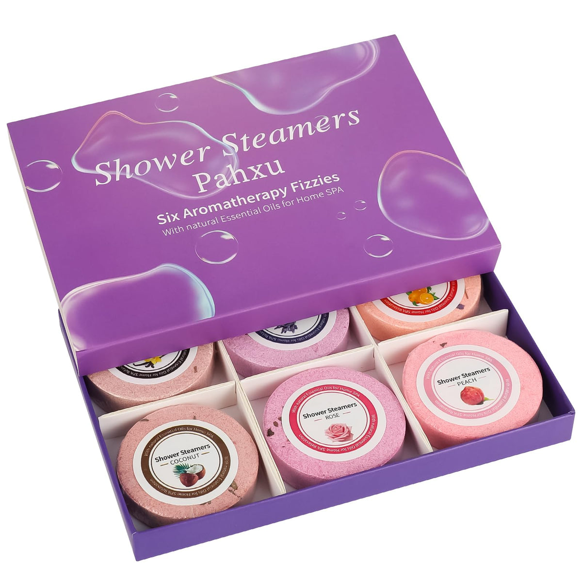 Pahxu Shower Steamer six-pack box with six fragrances for daily pampering.