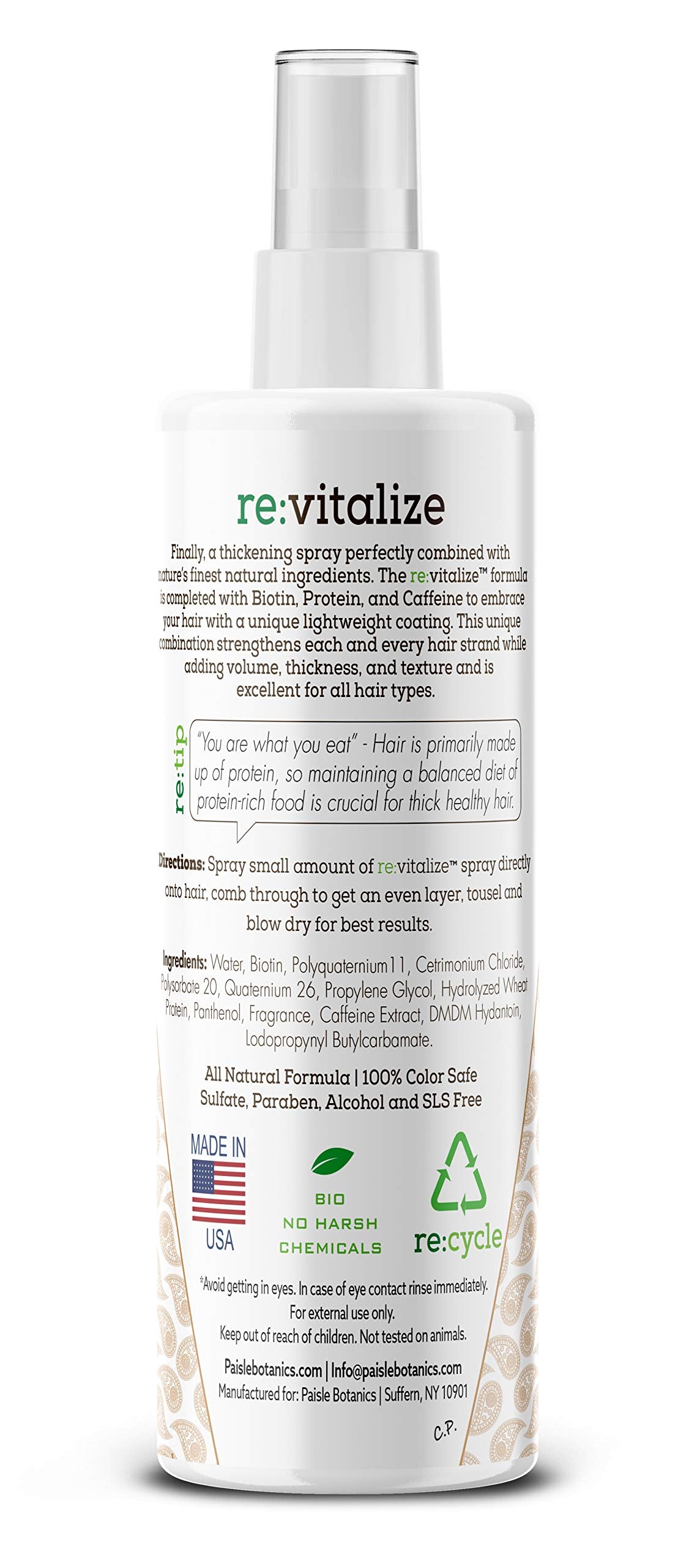Paisle Botanics Biotin Hair Spray side view on counter.