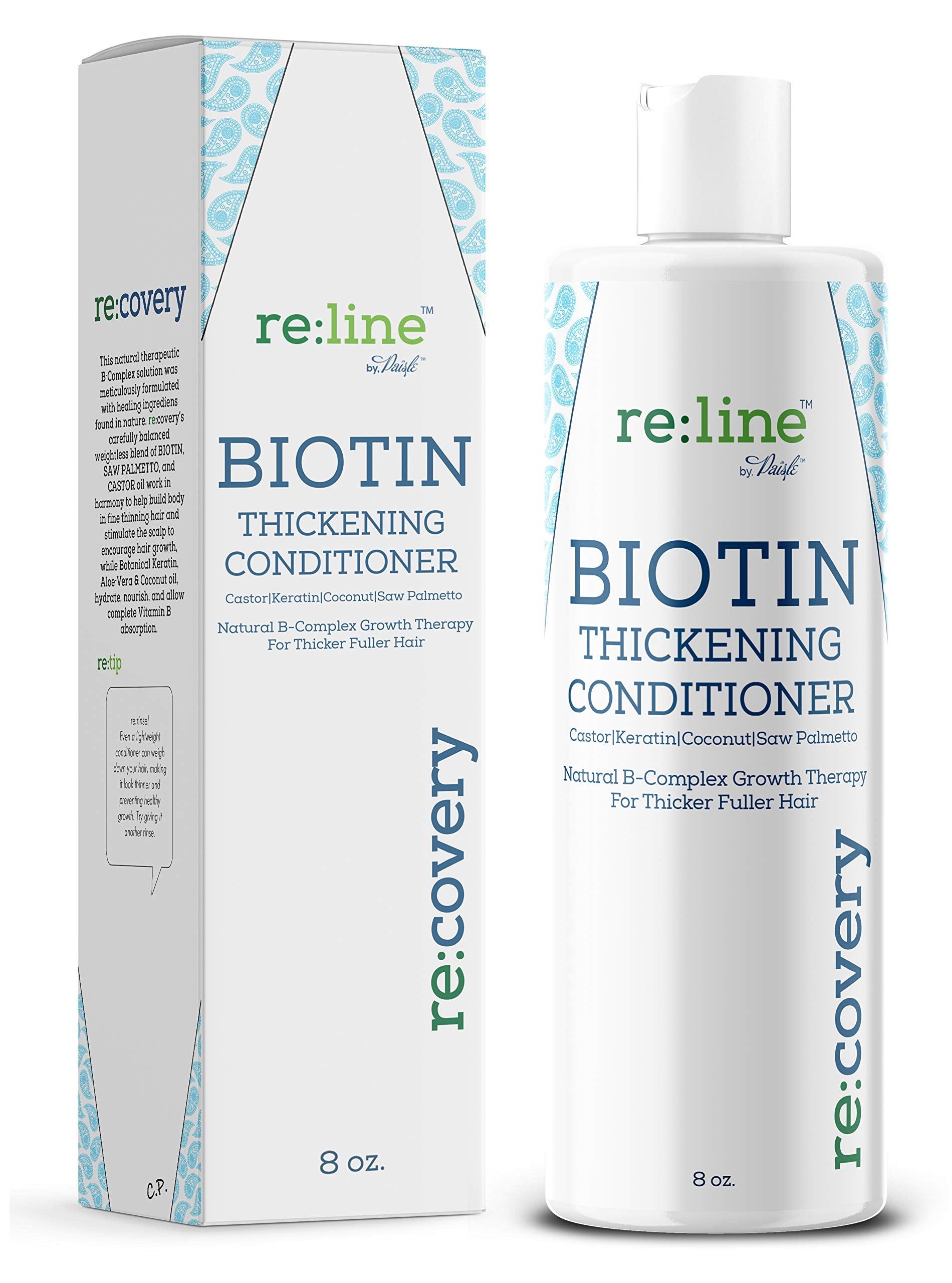 Paisle Botanics RE:COVERY biotin conditioner bottle promotes fuller-looking hair.