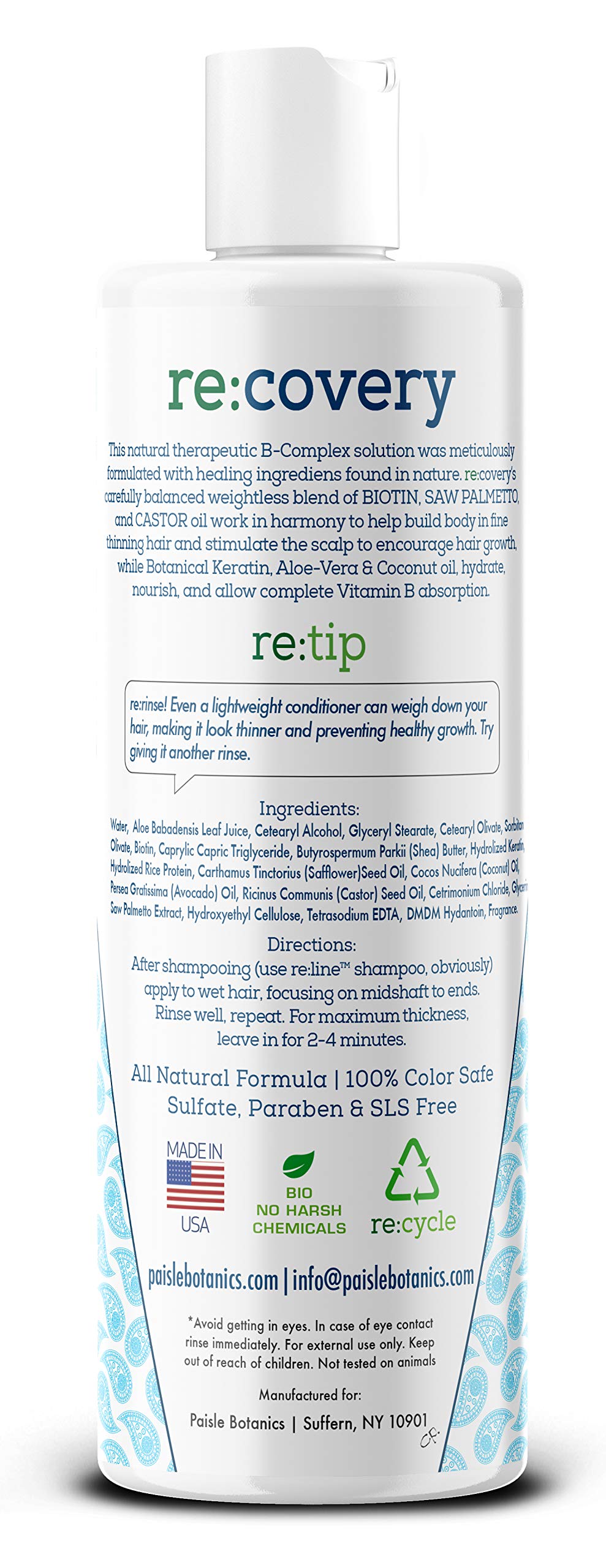 Paisle Botanics RE:COVERY color-treated hair benefits from color-safe formula.