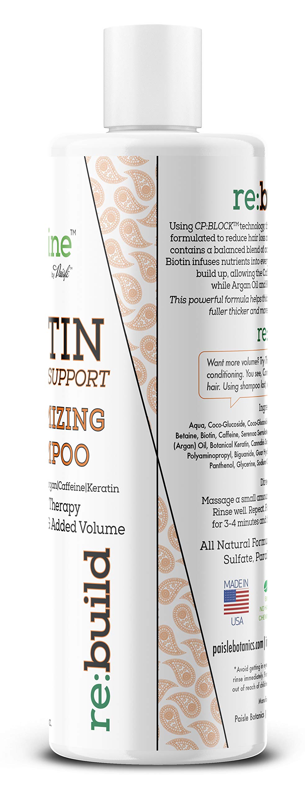 Paisle Botanics Volumizing Biotin Shampoo label closeup highlights all-natural ingredients.