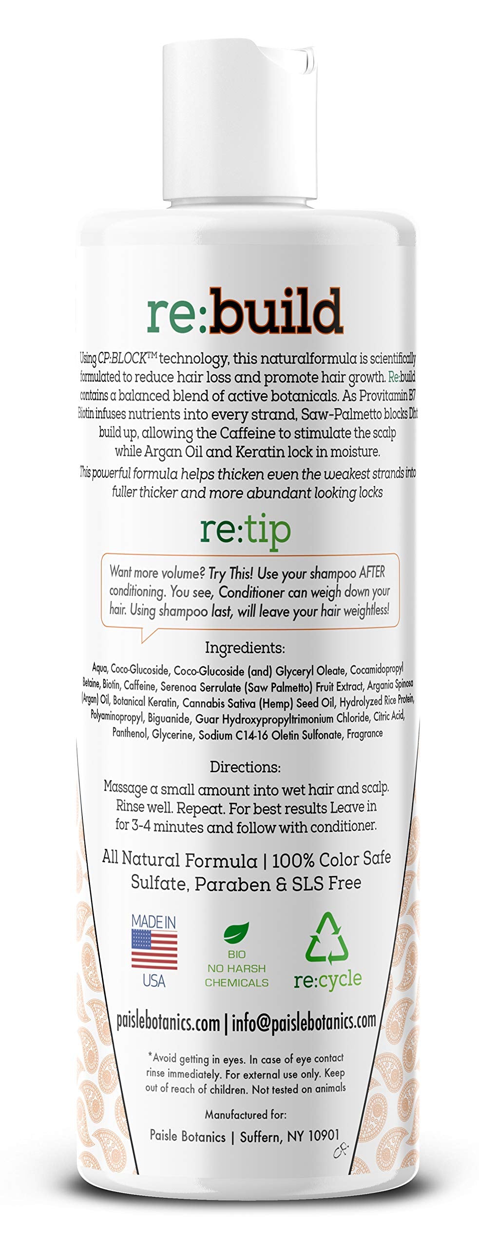 Paisle Botanics volumizing shampoo ingredients close-up highlights biotin and natural actives.