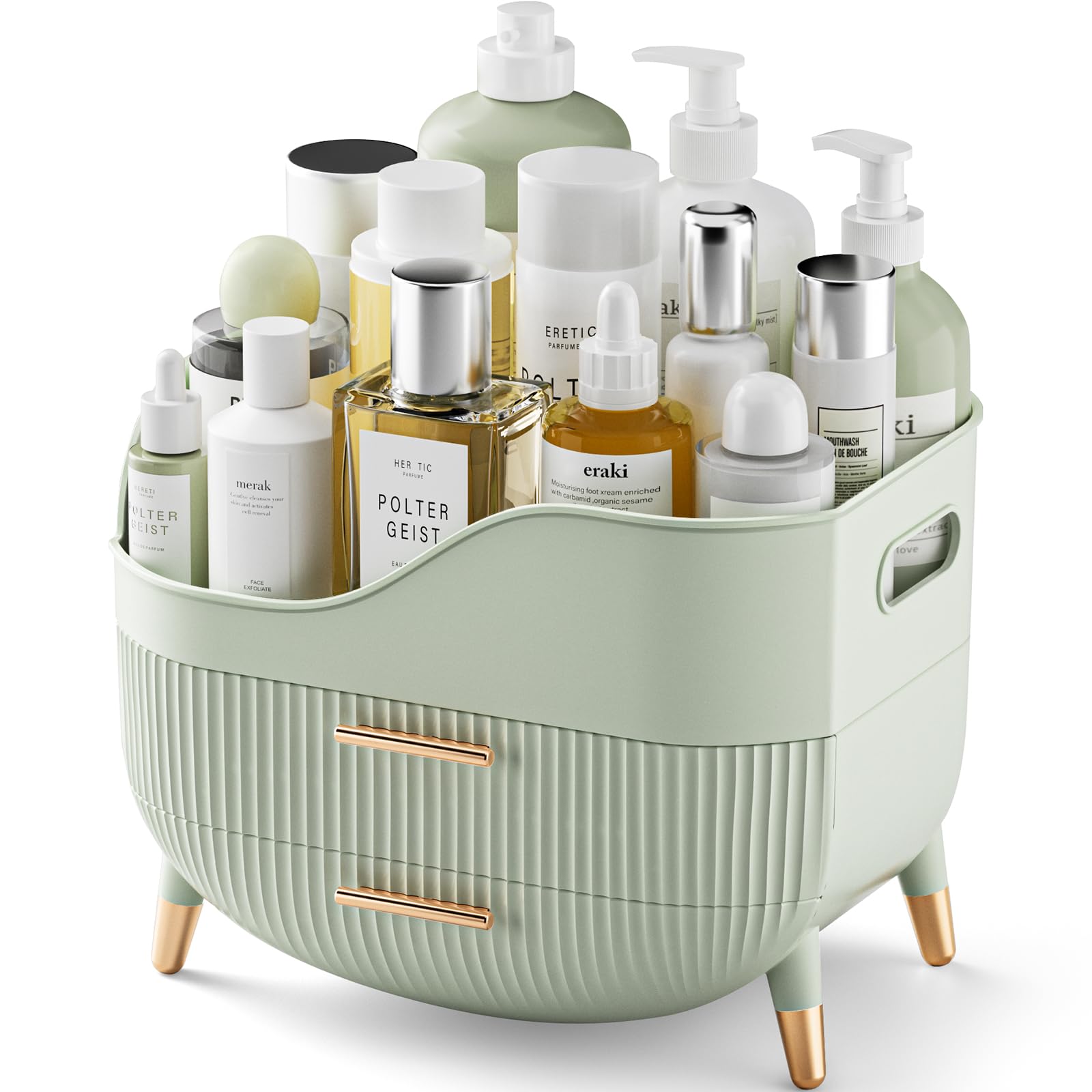 Pajiriona makeup organizer with top compartment keeps tall bottles neatly displayed for quick access.