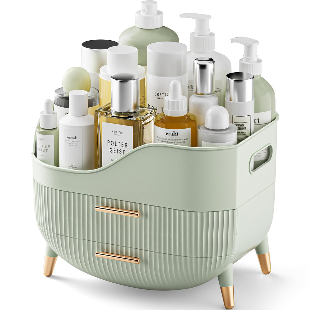 Pajiriona makeup organizer with top compartment keeps tall bottles neatly displayed for quick access.